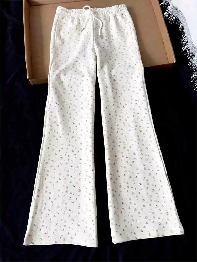 

American Style Floral Micro Flared Pants Spring New Elastic Waist Slim Drawstring Long Pants Oversized Casual Straight Pants