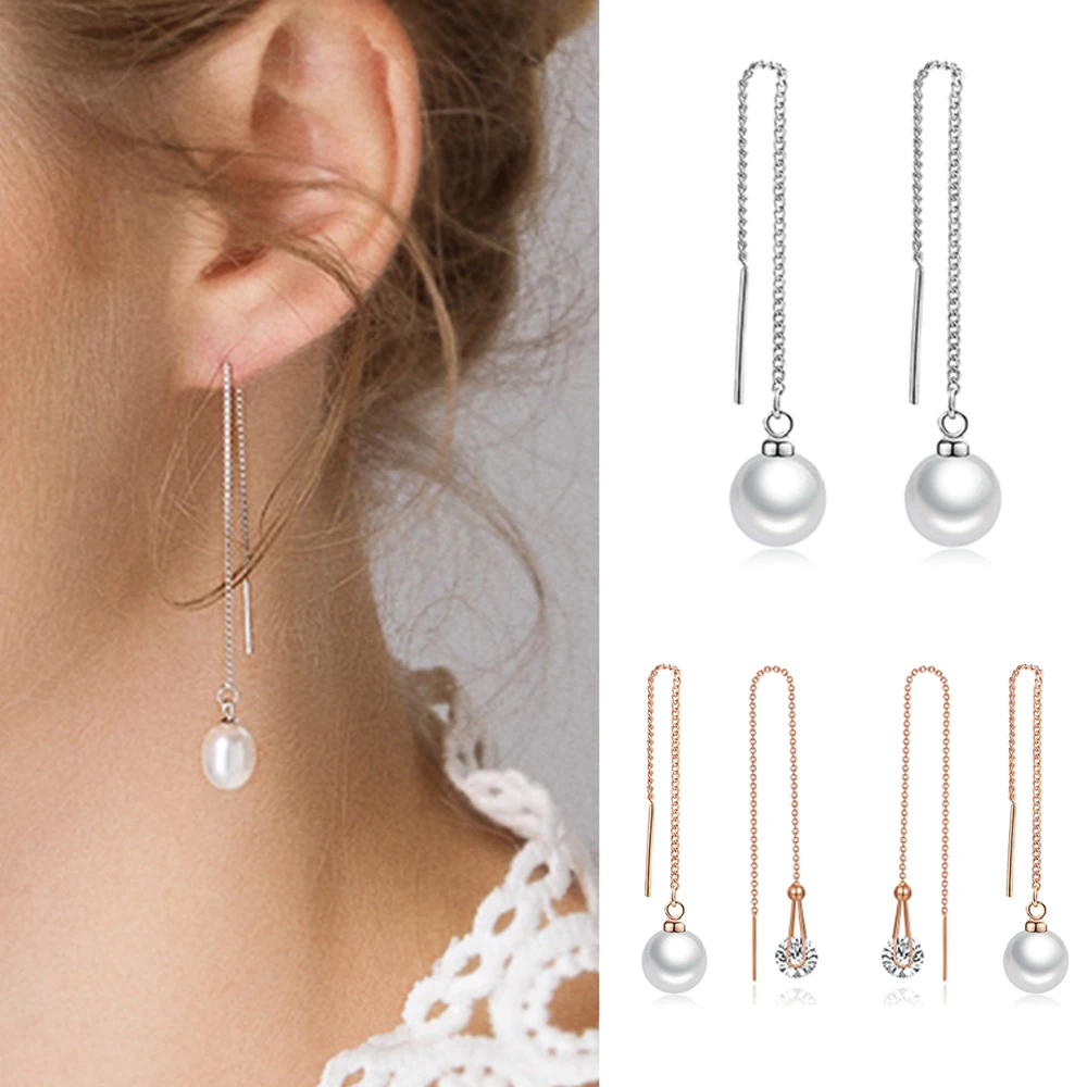 Piercing Dangle Ear Line Earrings for Women Rose Gold Color White Imitation Pearl Hanging Earing for Women Fashion Jewelry E033