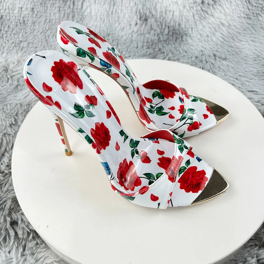 Summer sandalias de mujer 12cm Women\'s Sexy Flower Printed Slipper High Heels Sandal Pointed Toe OL Ladies Vacation Dress Shoes