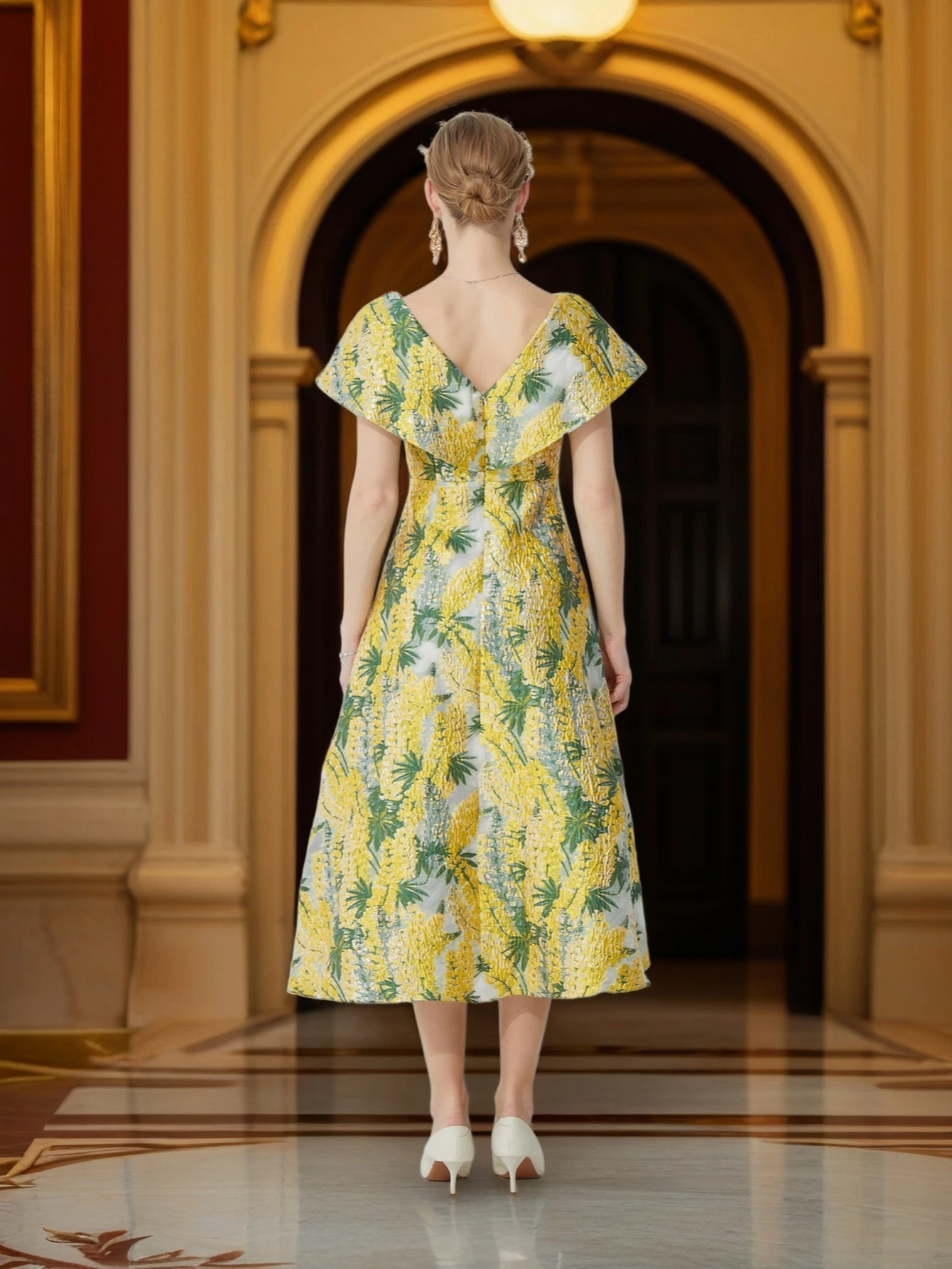 Vestido Jacquard con Adornos Franceses para Mujer, Vestido Midi Ajustado a la Cintura con Jacquard 3D, Perfecto para Banquetes