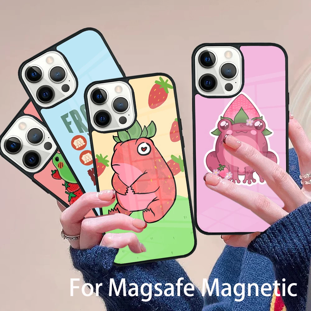 

Cottagecore Fruit Strawberry Frog Phone Case Magesafe Magnetic Wireless Charge Cover For IPhone 16 11 12 13 14 15 Pro Max Plus