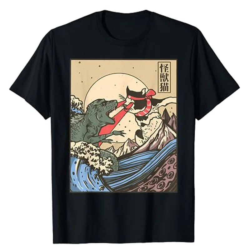 Vintage Cat Vs Monster Retro Japanese Great Wave Otaku Manga T-Shirt Humor Funny Kitty Cartoon Graphic Tee Tops Comics Outfits