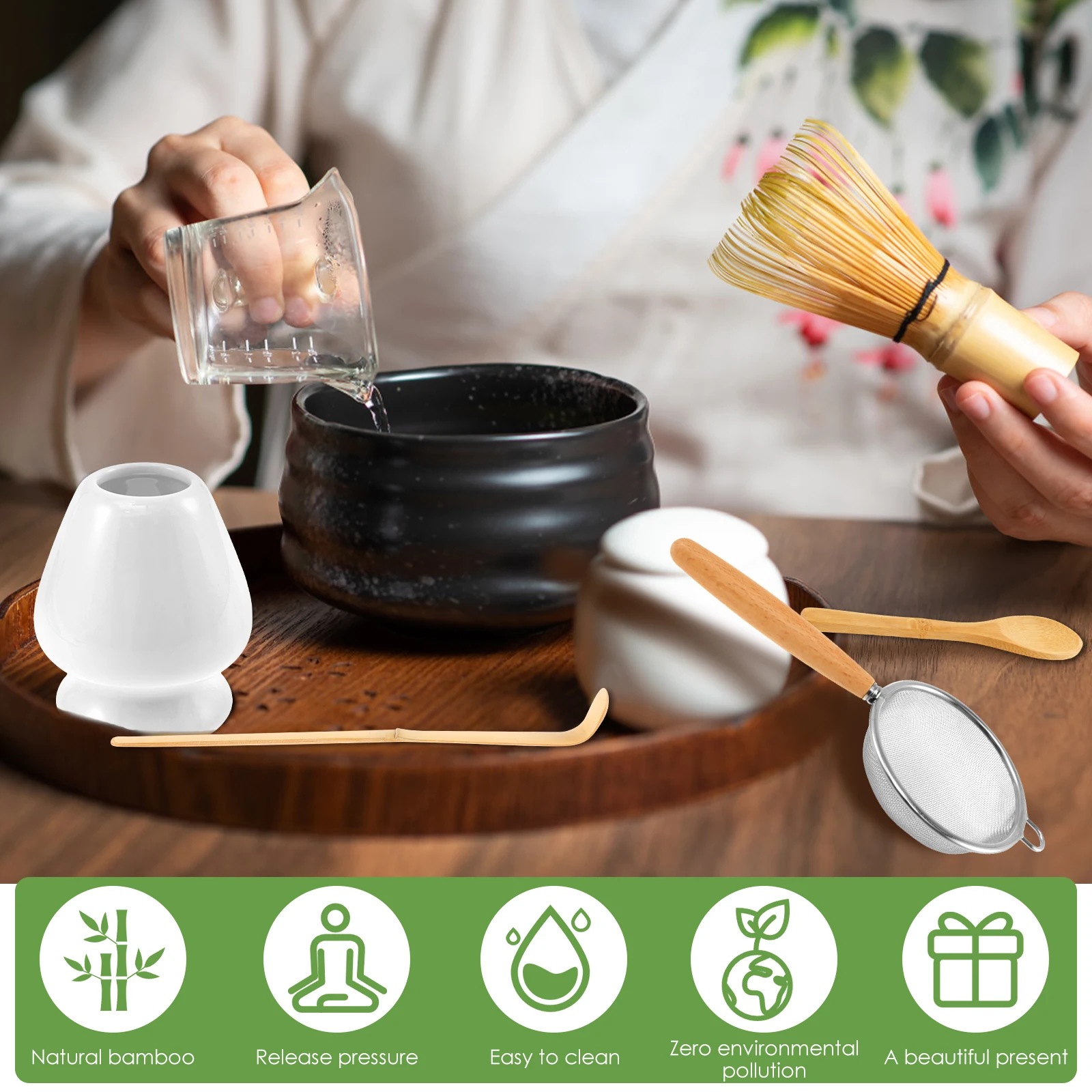 5Pcs Japanese Matcha Tea Set for Beginners Matcha Making Starter Kit with Matcha Whisk Tea Scoop Whisk Holder Safe Bamboo Matcha