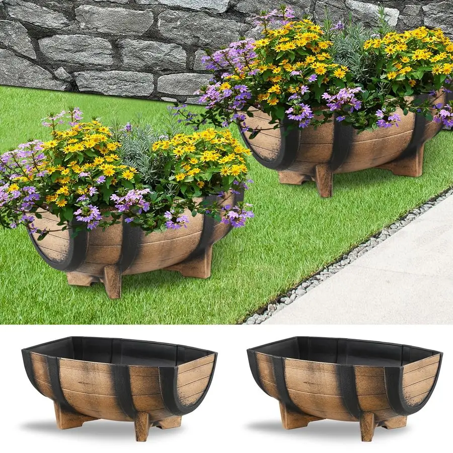 

2 Pack Rustic Half Barrel Planters, 16.34x11.81x7.28 Inches Plastic Weather Resistant Plant Flower Pot Indoor amp Outdoor Garden
