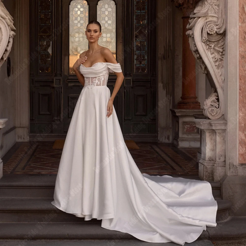 

Elegant A-Line Women Wedding Dresses Gorgeous Off Shoulder Satin Bridal Gowns Engagement Banquet Vestidos De Novias Customized