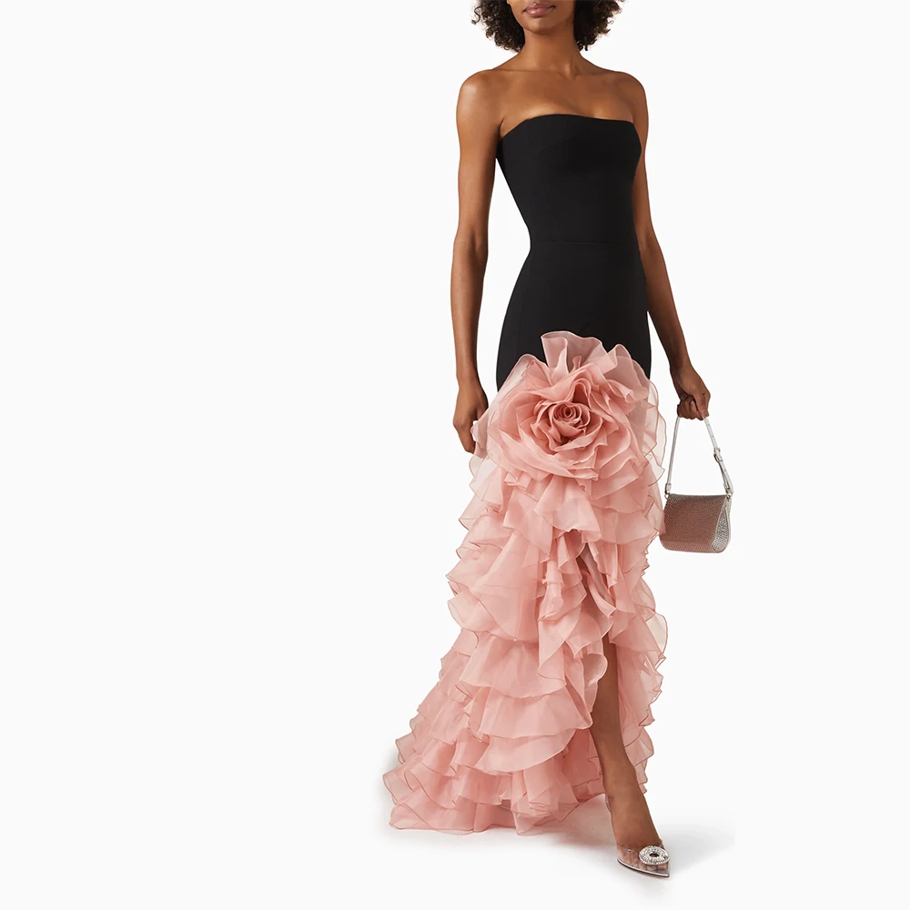 فستان طويل غير متماثل بدون حمالات بطيات أنيقة مزين بالورود بدون أكتاف فستان طويل لحفلات الكوكتيل والحفلات الراقصة ملابس رسمية