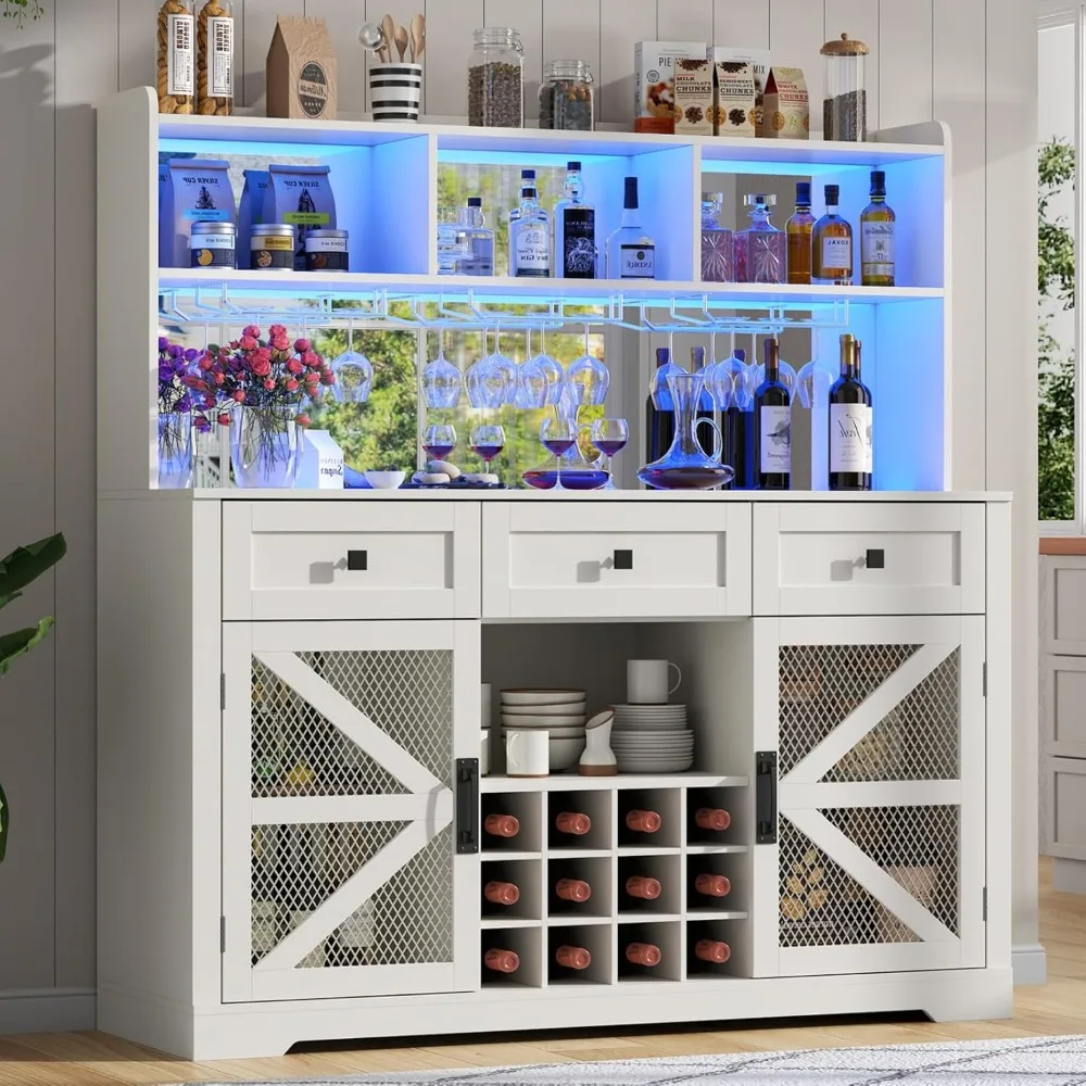 Wine Bar Cinet With LED Lights Farmhouse Coffee Bar With Mirror 3 Drawers Wine Rack Buffet