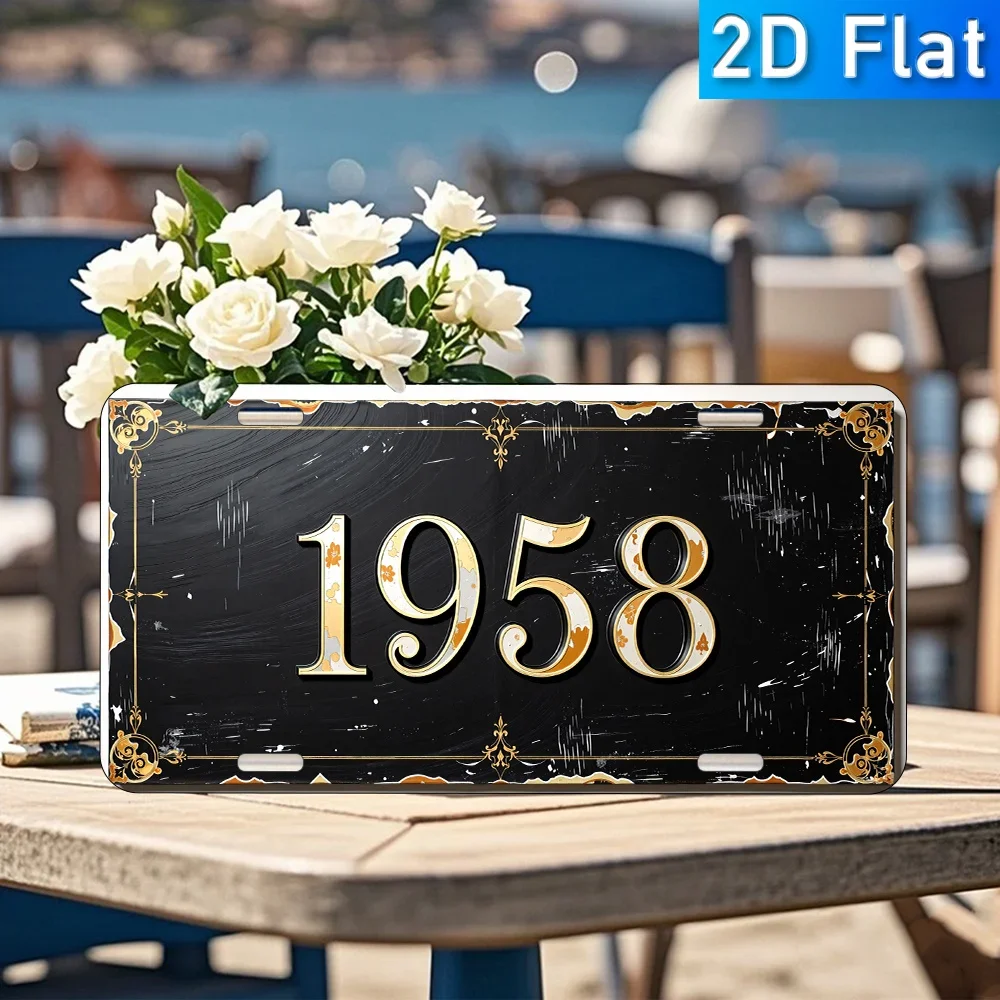 Vintage 1958 Gold Ornate Frame 2D Flat Printing Retro License Plate Style Metal Tin Sign, Distressed Black Background Decorat