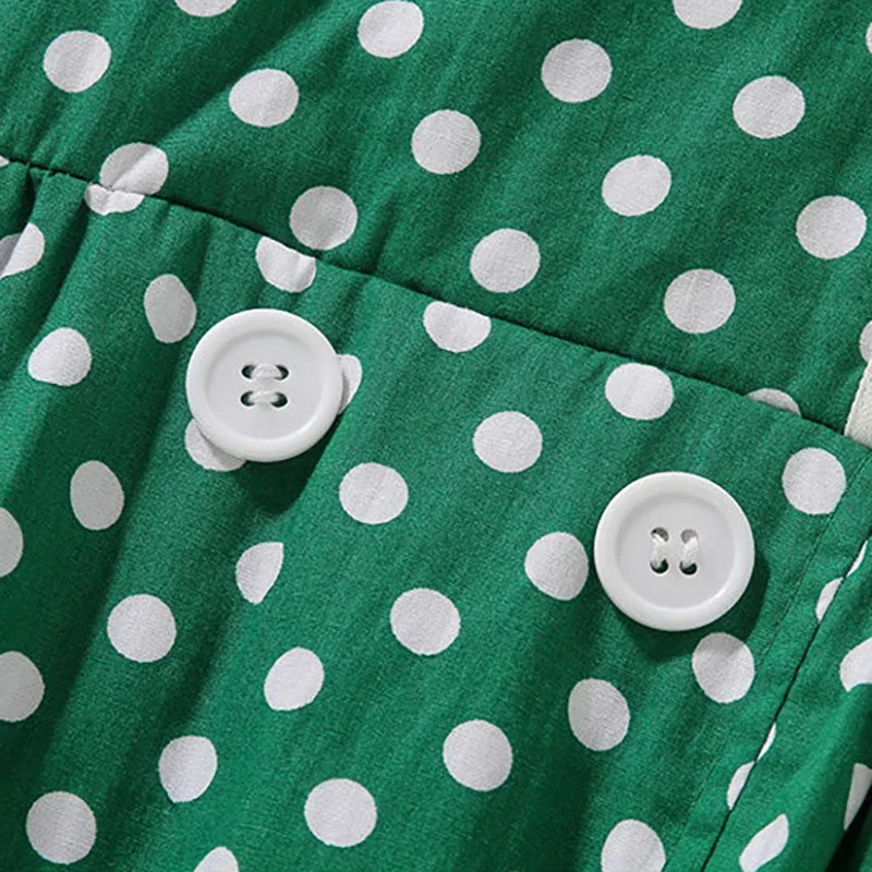 Bear Leader 2023 New Girls Summer Dress Short Sleeve Cotton Dot Green Retro Dress British Style Double Breasted Girls Dress