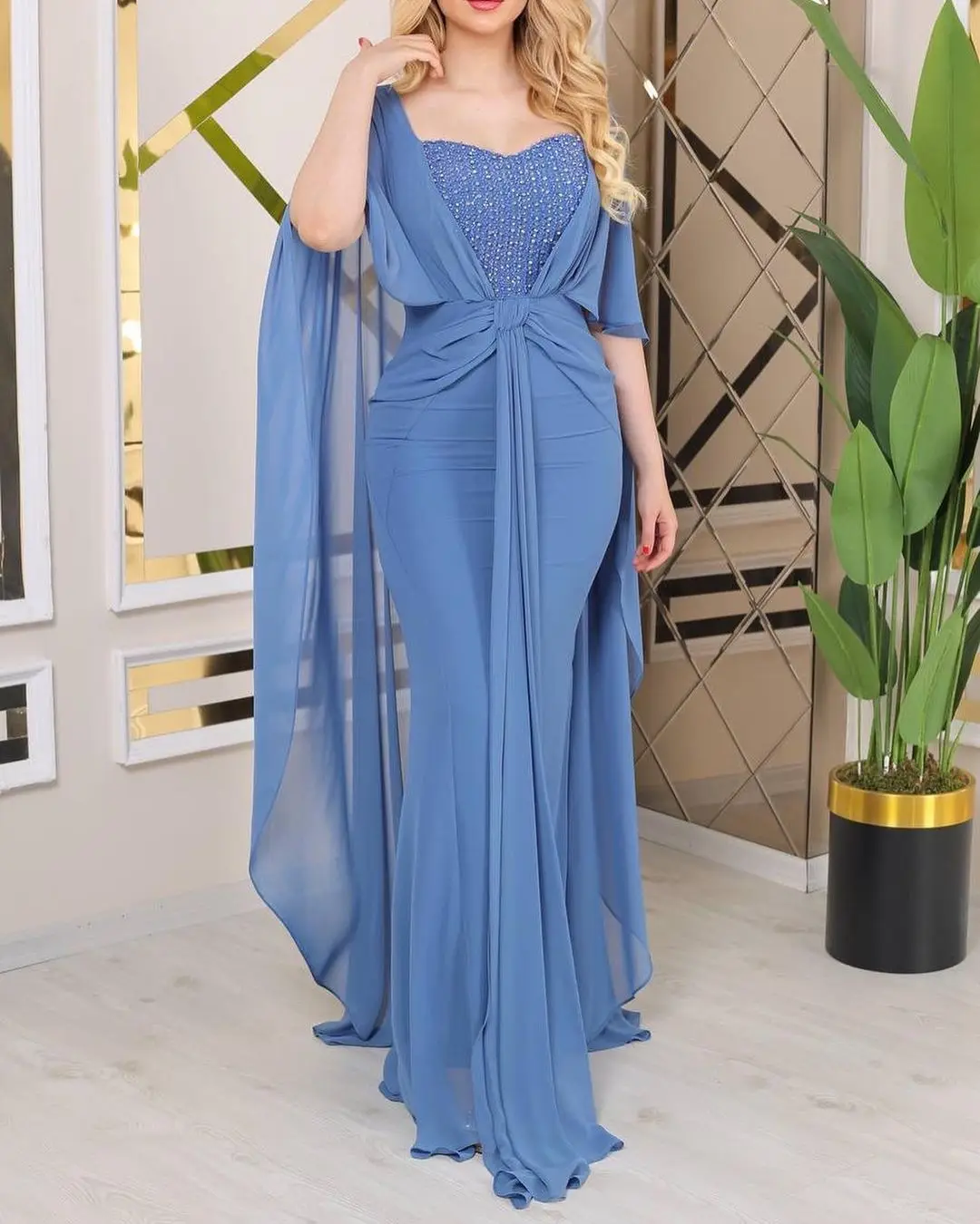 

Mermaid Sweetheart Prom Dresses Pleated Beadings Chiffon Half Sleeves Floor Length Party Dresses