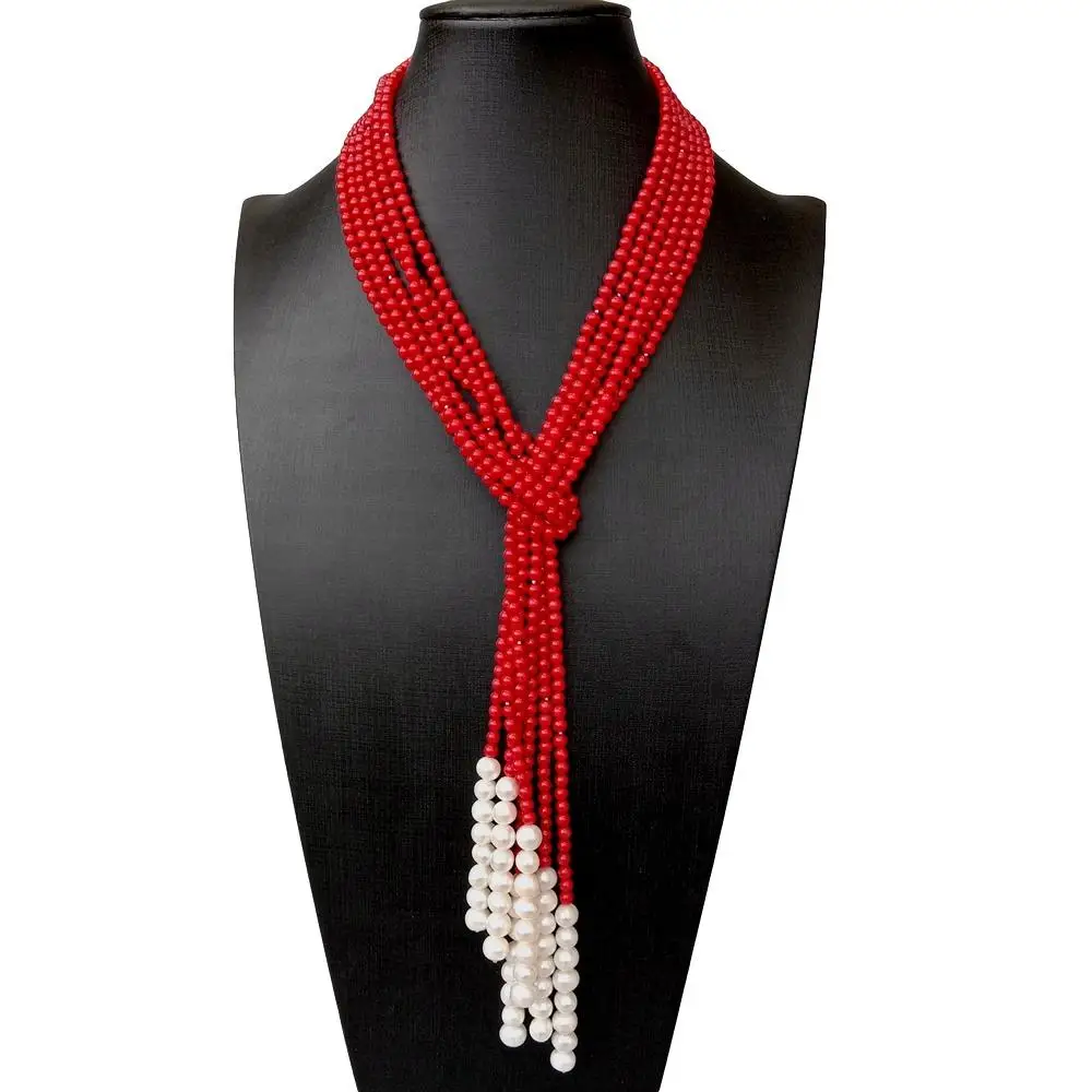 3 fileiras 4mm coral vermelho cultivado branco pérola lariat longo camisola corrente colar 50"