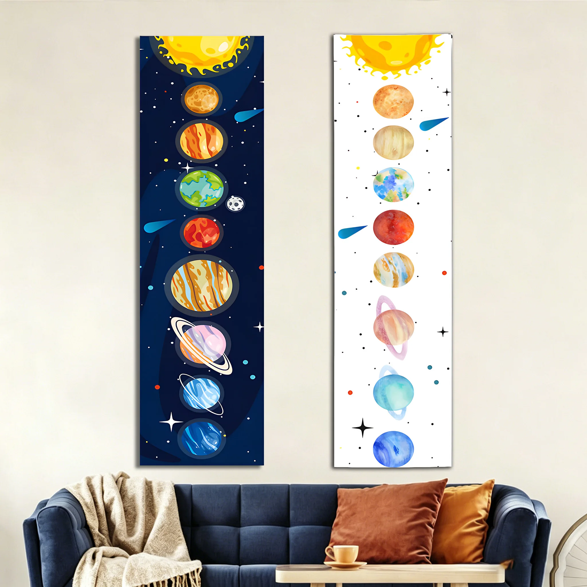 Watercolor Solar System Planets Vertical Tapestry, Space Wall Hanging for Kids Bedroom Classroom Decor