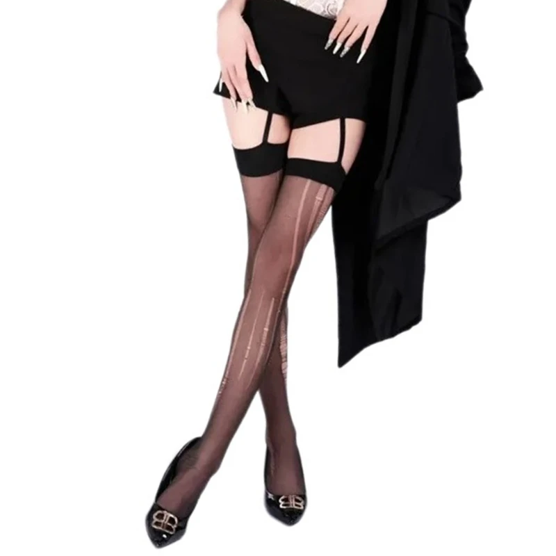 SZL Black Silk Tights Lingerie Temptation Tearable Suspender Pantyhose Garter Belt Thigh High Stockings Hosiery for Women