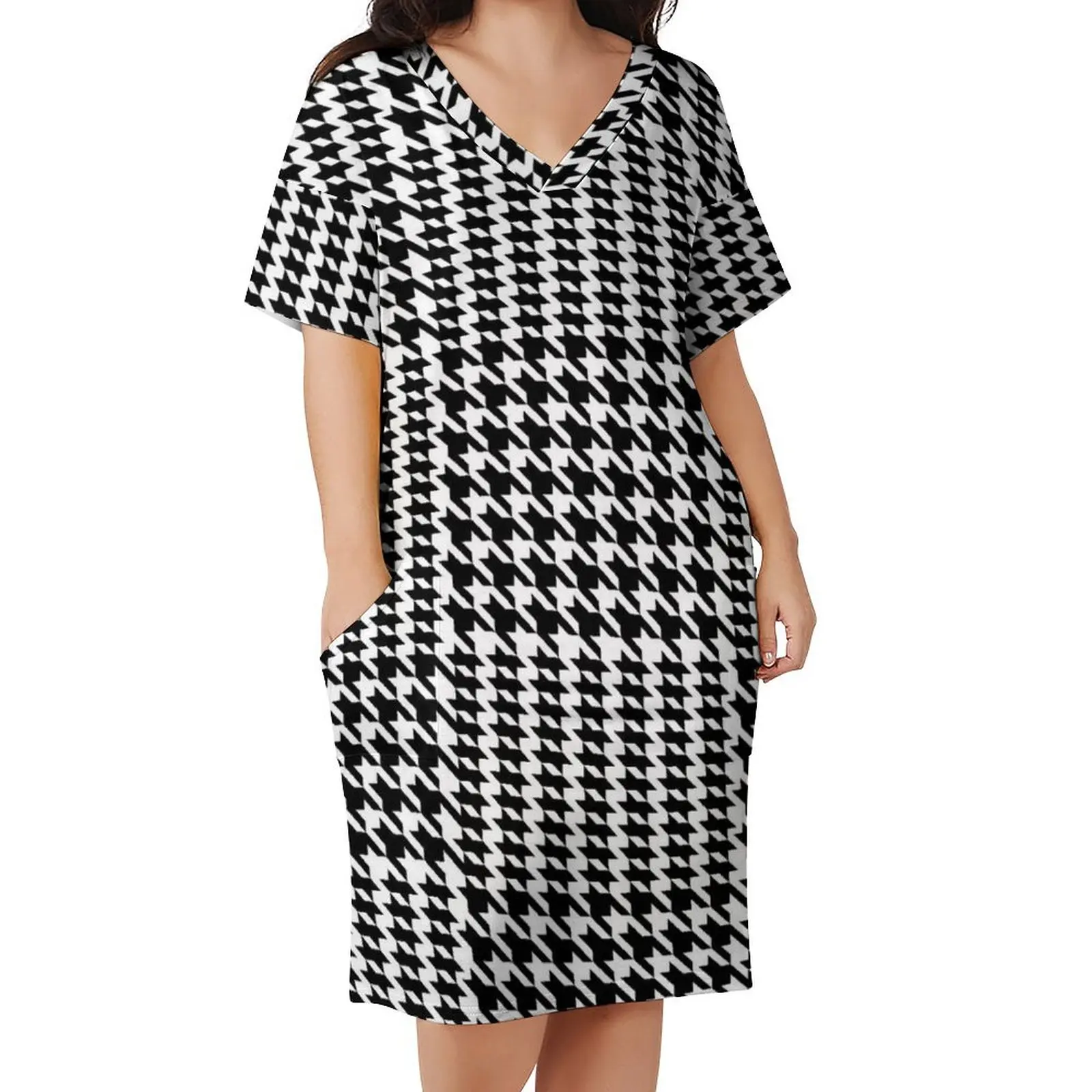 

Retro Houndstooth Dress V Neck Black White Check Aesthetic Dresses Summer Kawaii Casual Dress Women Graphic Oversized Vestidos