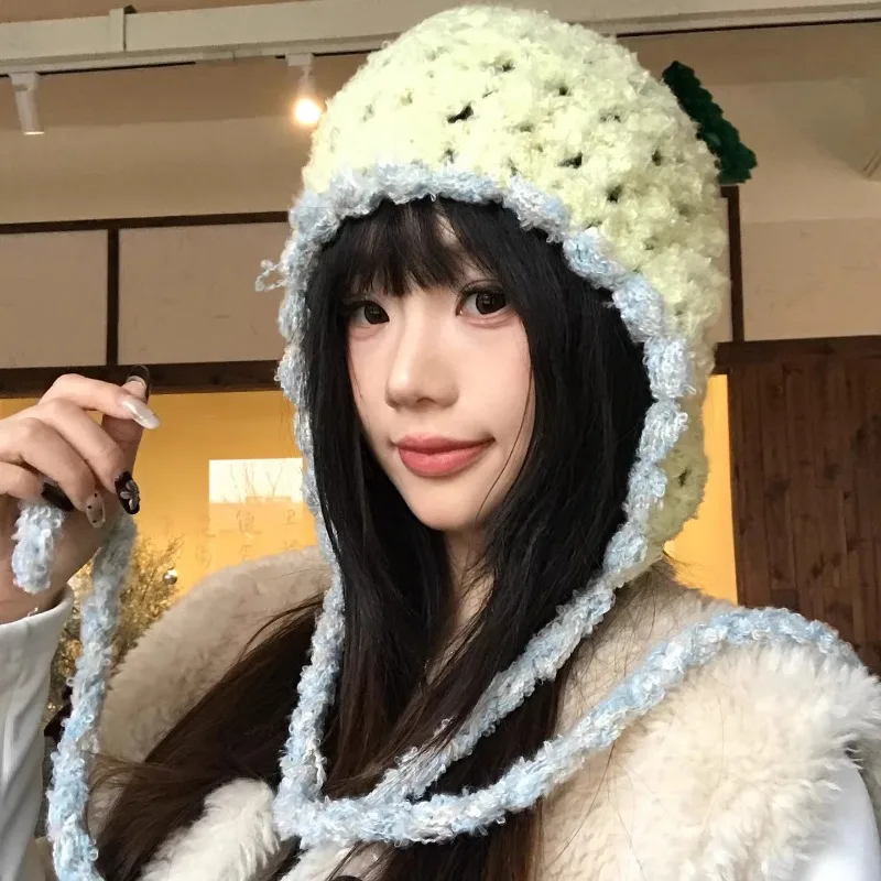 

Корейские нишевые вязаные шапки одного цвета для женщин, осенне-зимние дорожные универсальные модные шапки-балаклавы с теплыми ремнями