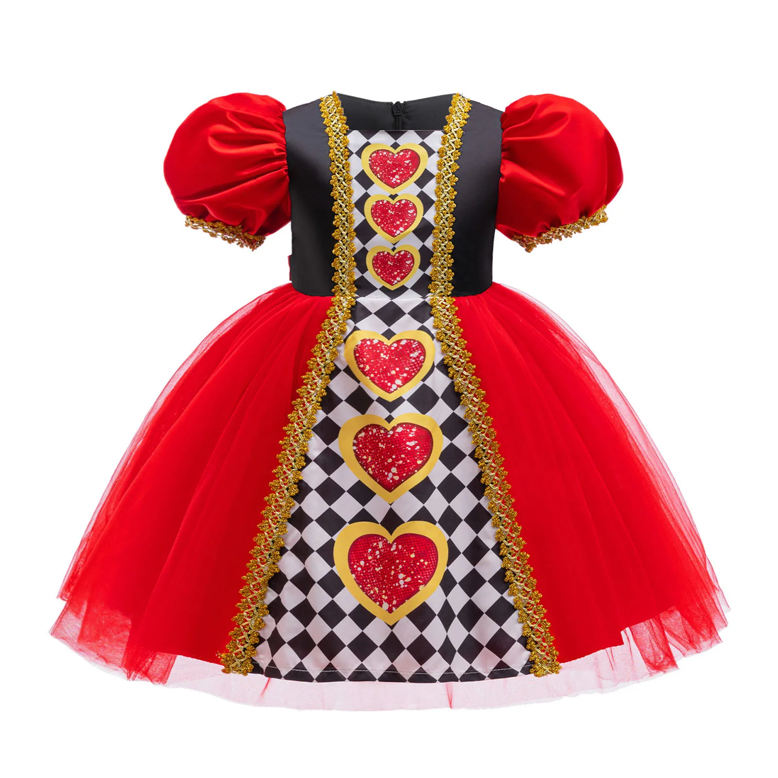 

Girls Sparkling Heart Princess Dress Gold Adorned Tutu Skirt with Puffed Sleeves Perfect for Masquerade And Fancy Dress Up Party