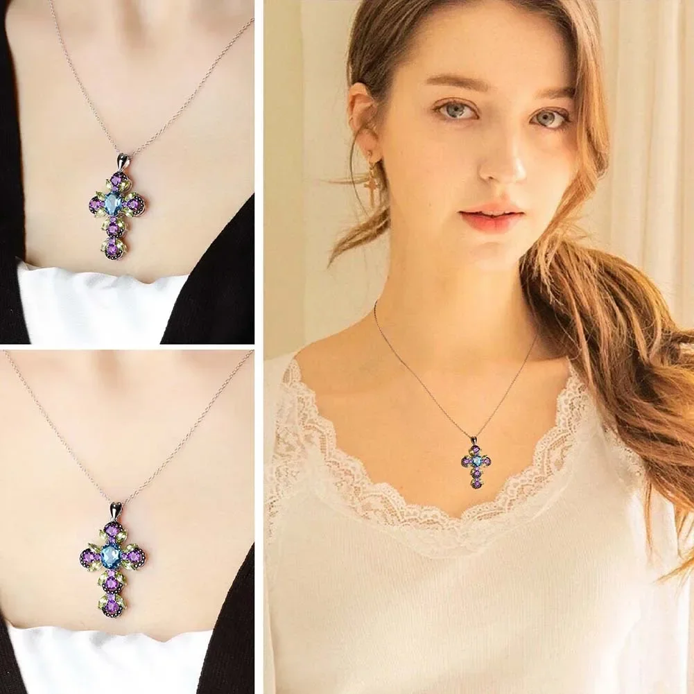 GZ ZONGFA Shiny Natural Women Topaz Amethyst Cross Pendant Necklaces Fashion Jewelry Gifts 925 Sterling Silver Jewelry