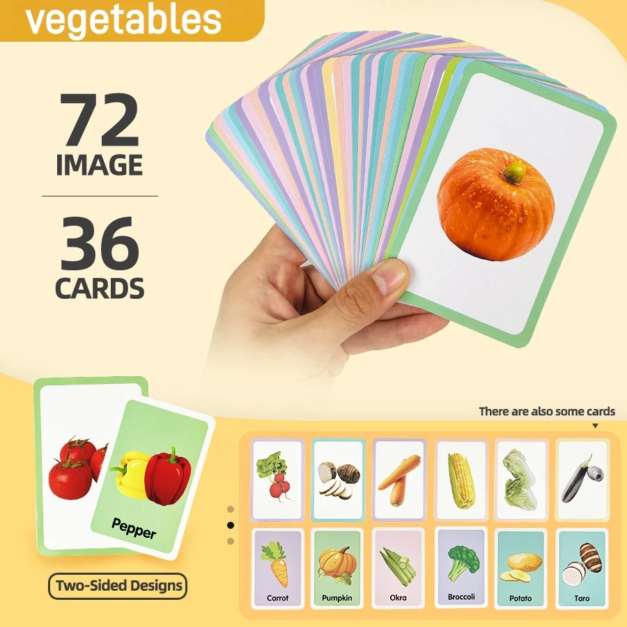 36 double-sided vegetable cognitive cards, kidsren's enlightenment early education puzzles, reading pictures and learning object recognition cards and words