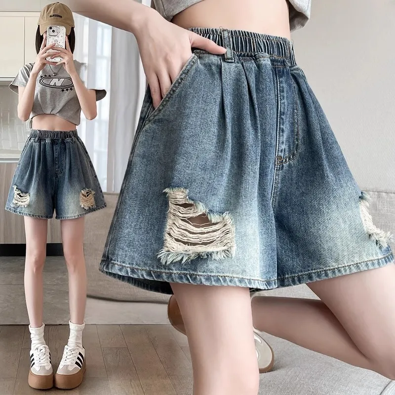 

2025 Summer Thin Elastic Waist Loose Casual Cowboy Shorts with Perforated A-line Wide Leg Women's Pants