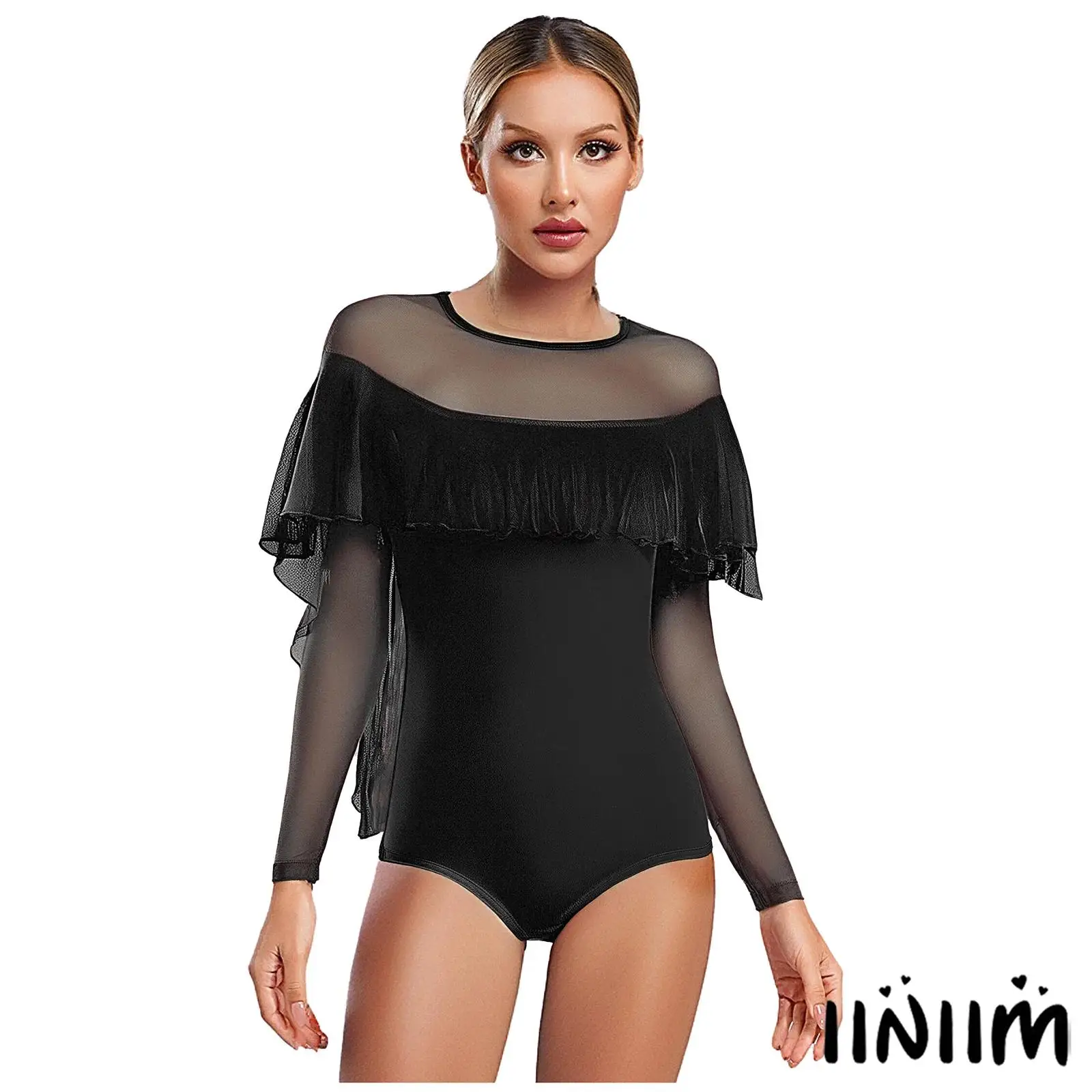

Womens Modern Dance Jumpsuit Ruffled Overlay Mesh Spliced Dancewear Performances Dance Classes Gymnastics Long Sleeve Leotards