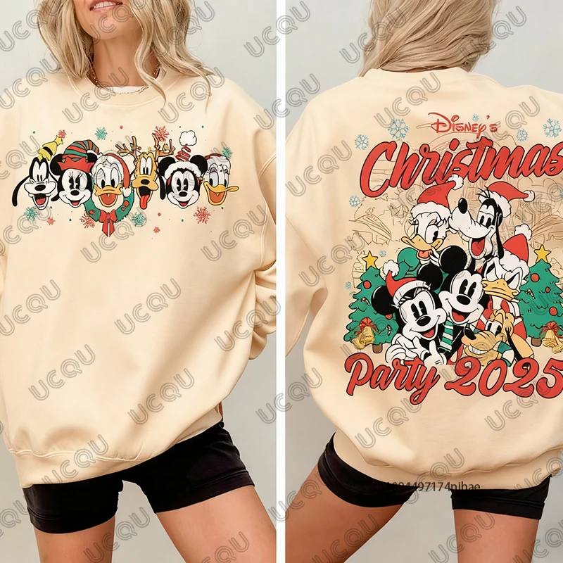 2025 عيد الميلاد ديزني الأسرة ميكي ماوس طباعة القطن المرأة هوديس الخريف الشتاء عادية كم طويل البلوز الأزواج القمم