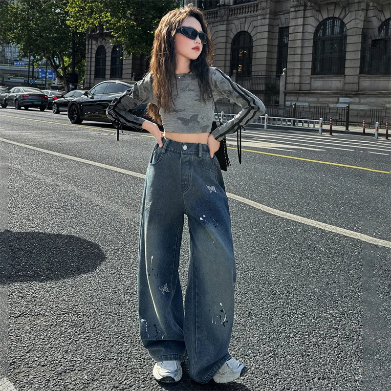New Children Jeans with Bright diamond butterfly for Girls Stylish Straight Denim Trousers Kids Teenager Loose Style Jeans Pants