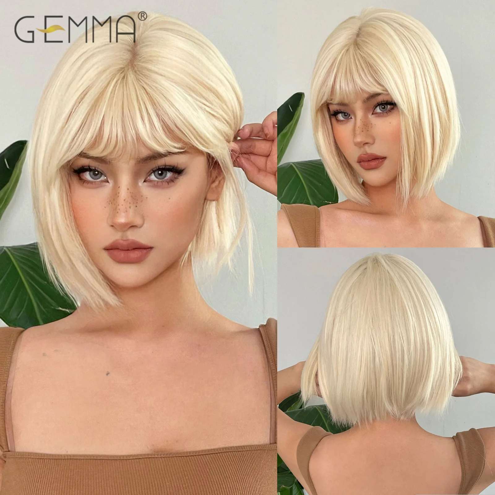 GEMMA Platinum Blonde Short Bob Wigs with Bangs Synthetic Straight Natural Hair Cosplay Party Wigs for Women Heat Resistant