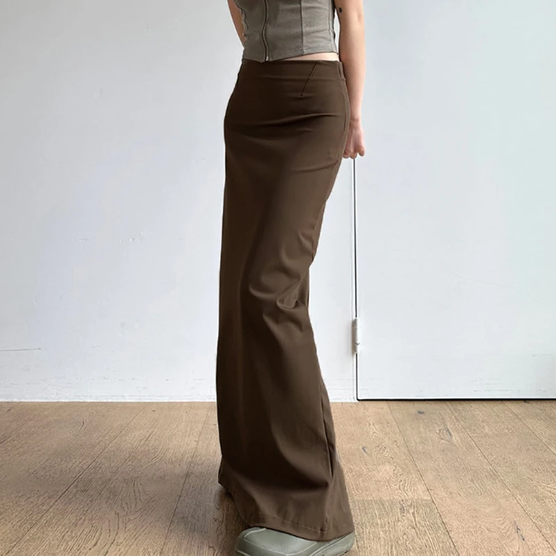 IAMHOTTY Knit Slim Solid Color One-Piece Slit Long Skirt Brown Chic Elegant Vintage Straight Maxi Skirts Grunge Streetwear 2023