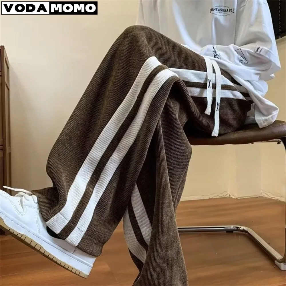 

Вельветовые брюки, мужские весенне-осенние драпированные полосатые трендовые универсальные прямые широкие брюки, свободные спортивные повседневные мужские брюки