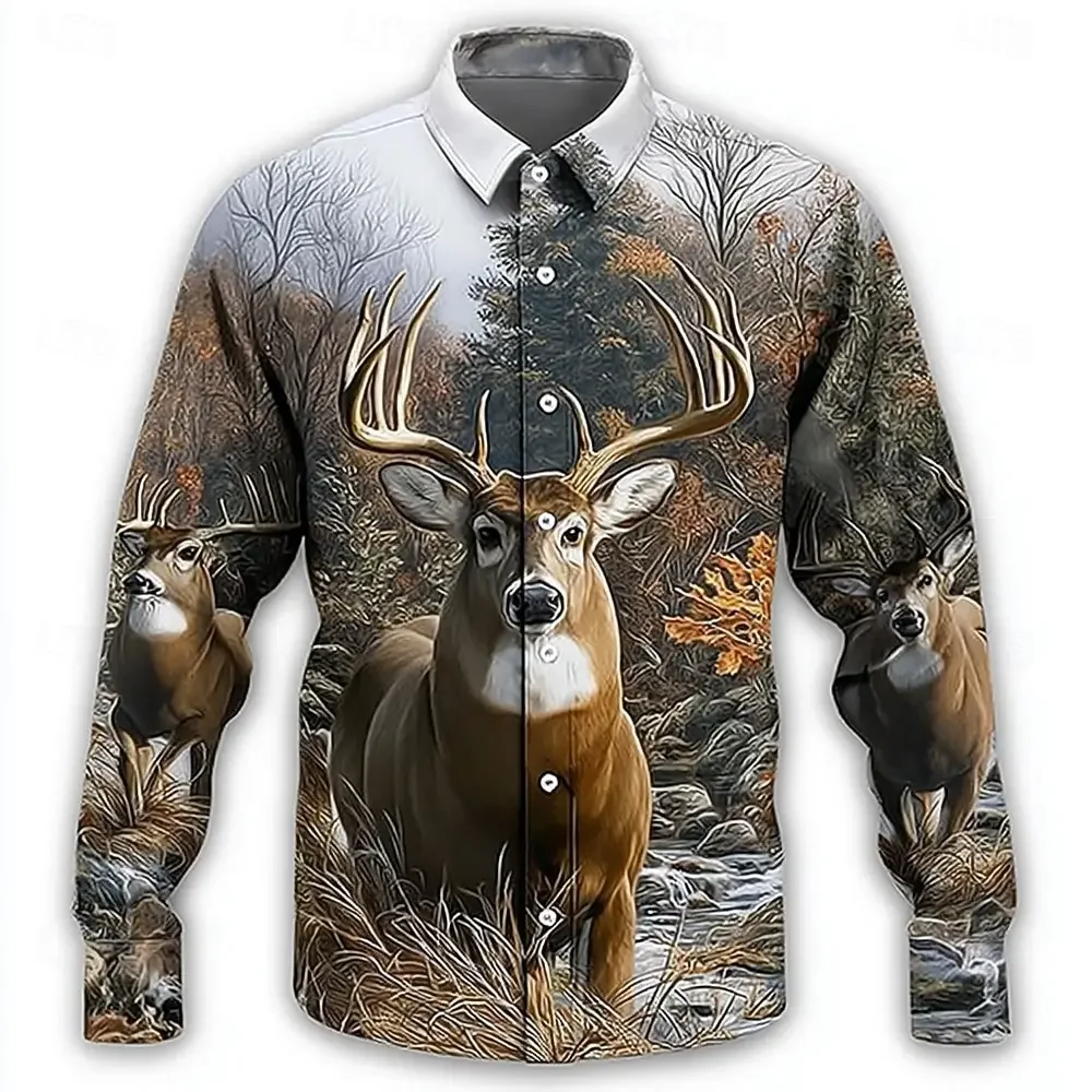 Men's Reindeer Nature Landscapes Forest Shirt 3D Printed Shirt Button Up Shirt Casual Long Sleeve Shirt Street Blouse For Mens