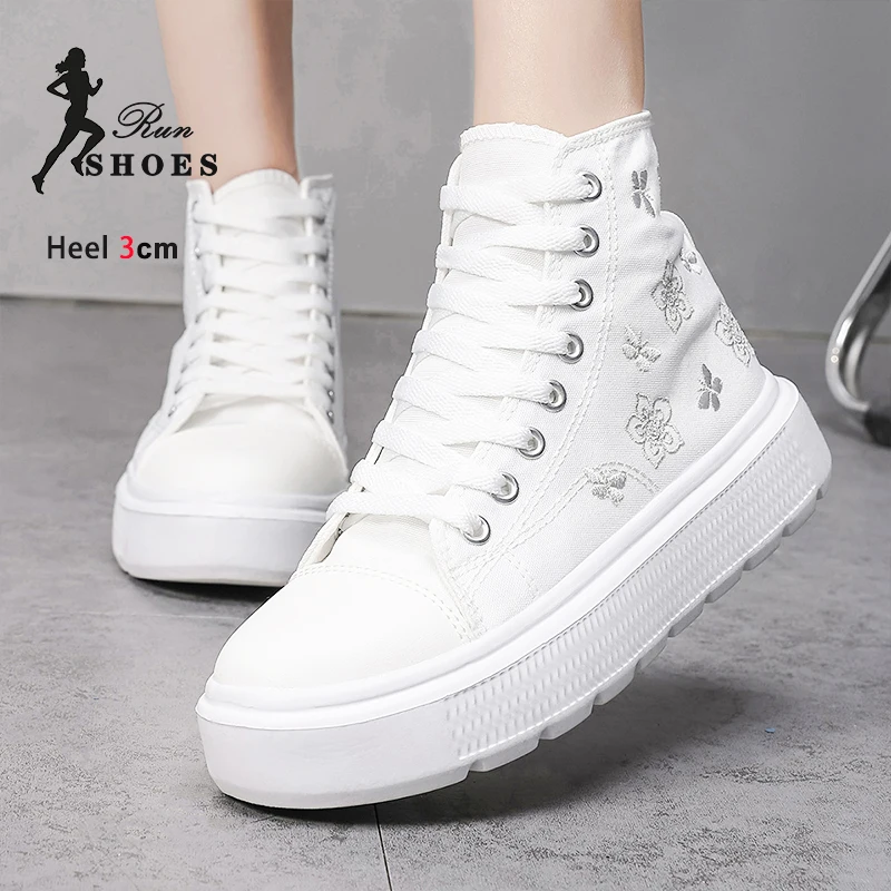 Little White Shoes Women 2024 Autumn New Canvas Vulcanize Shoes Student High Top Sneakers Fashion Embroidered Flats Casual Shoes