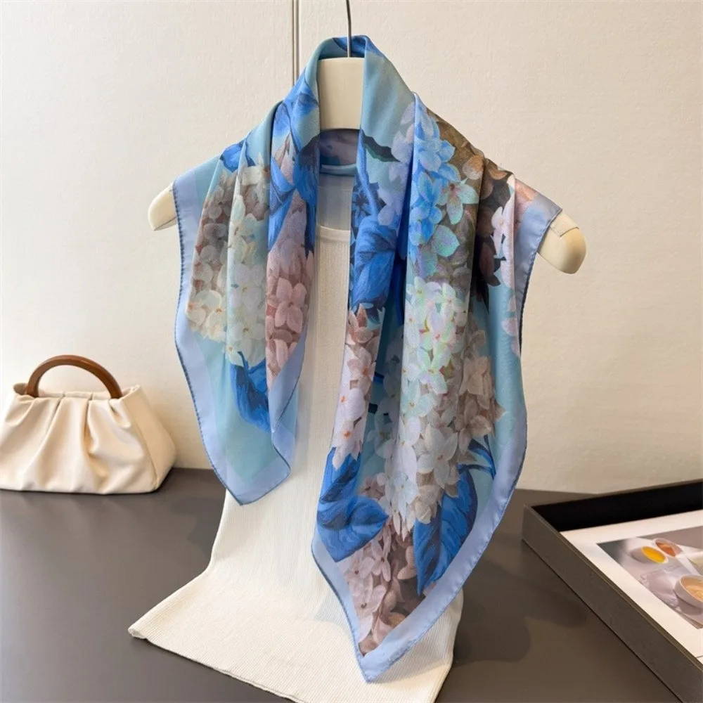 

New Floral Print Square Silk Scarf Luxury Soft Hijab Scarf Elegant Polyester Neckerchief Scarf Women