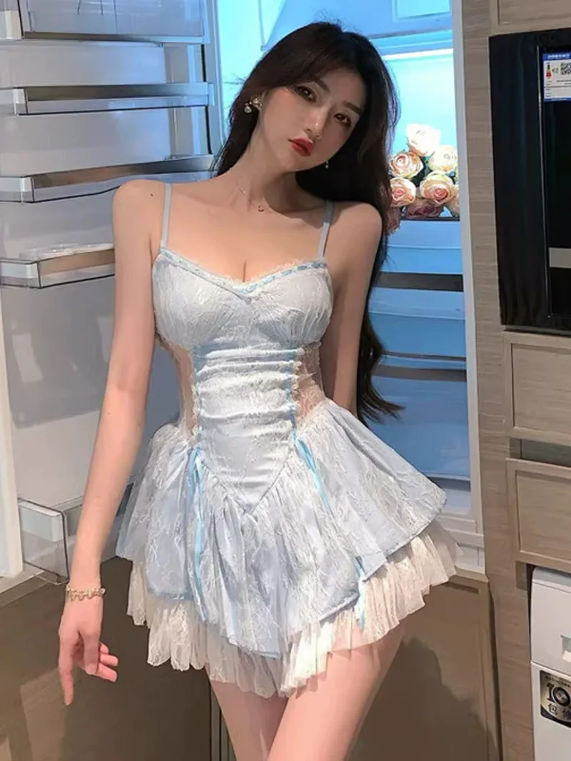 Sexy Suspender Dress Elegant Women's Sweet Pure Desire Lace Hollow Out Slimming Fluffy Dress Blue Sweet Mini Dress Tops TQE8