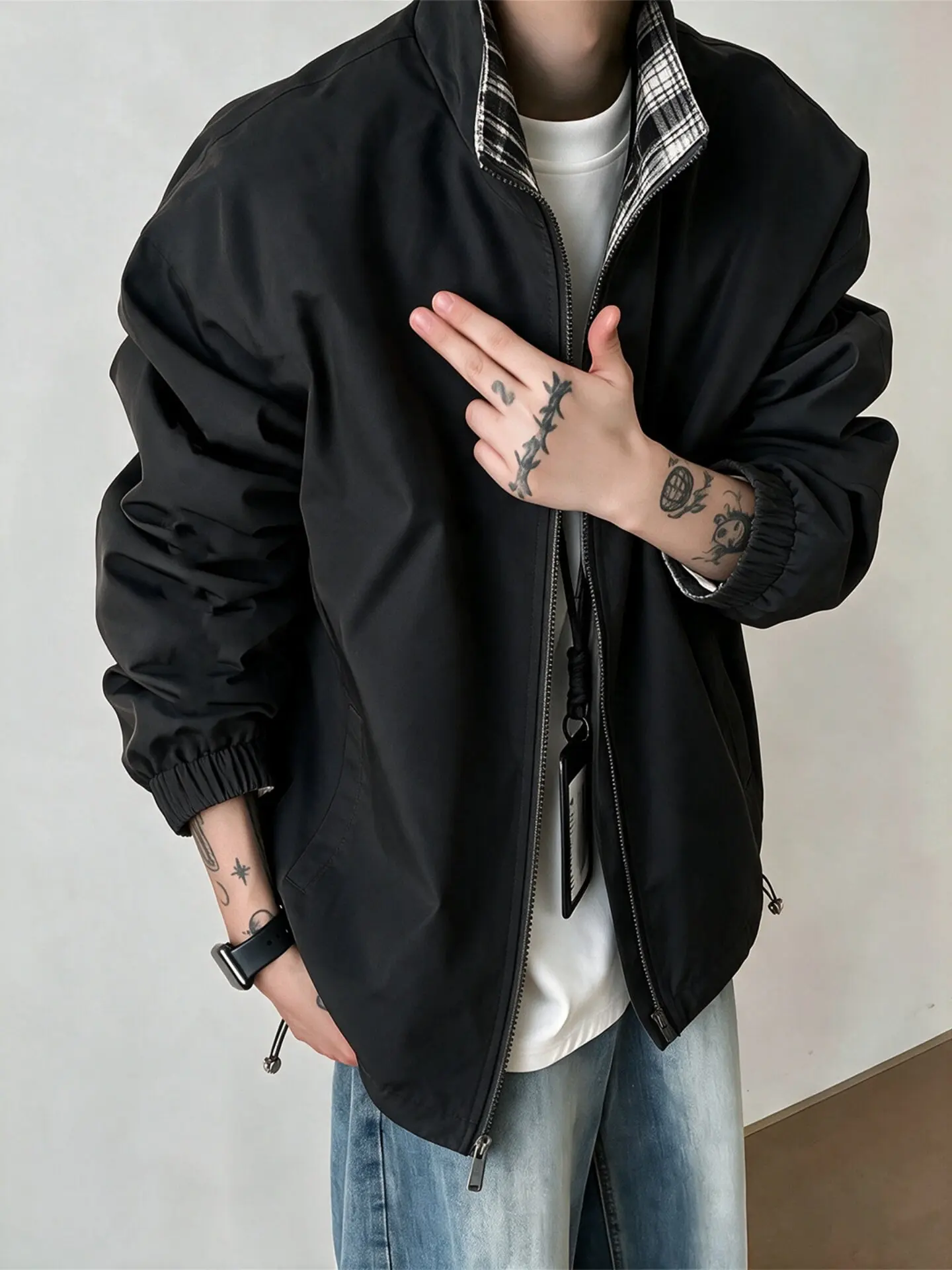 American Plaid Splicing Short Sport Jacket Men's Autumn Winter Cleanfit Flight Jacket Stand Collar Baseball Uniform