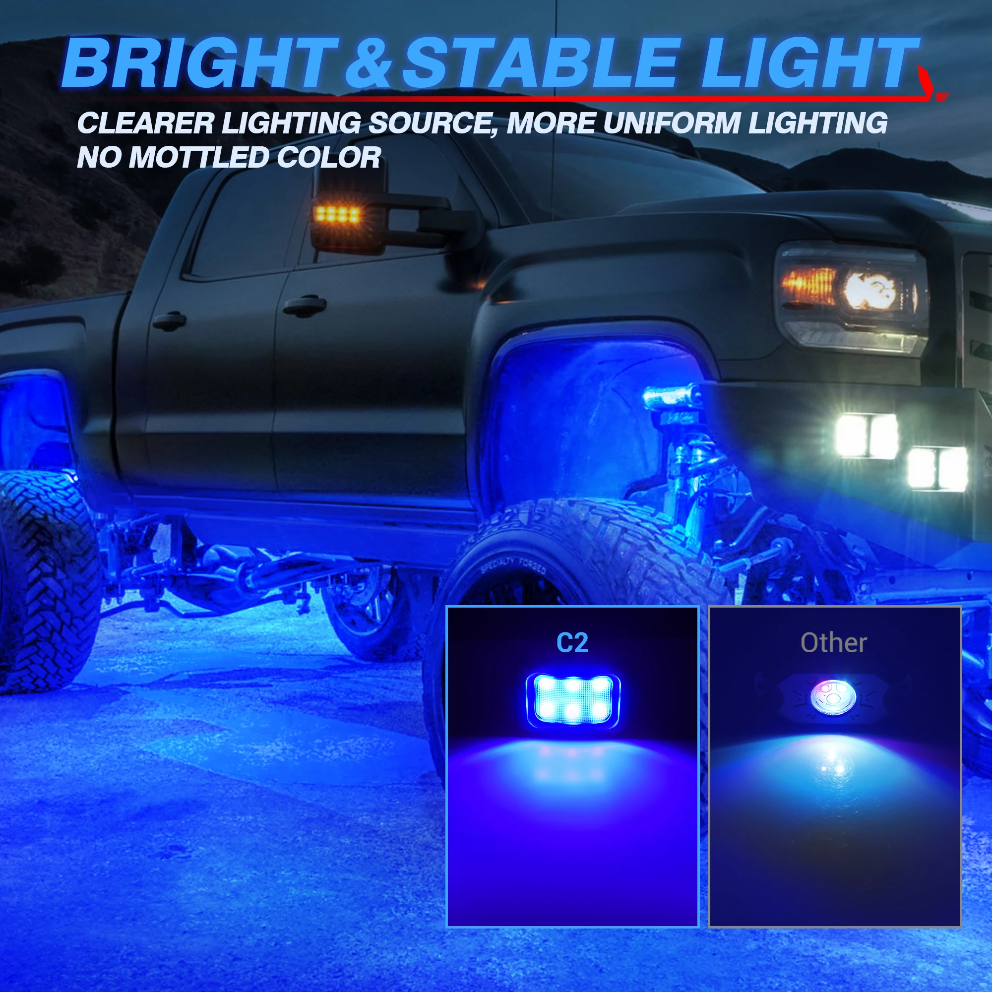 MICTUNING C2 Blue Rock Light 8 Pods, 8pcs Solid Color Rock Lights Neon Underglow Light Kits Waterproof Underbody Glow Lamp