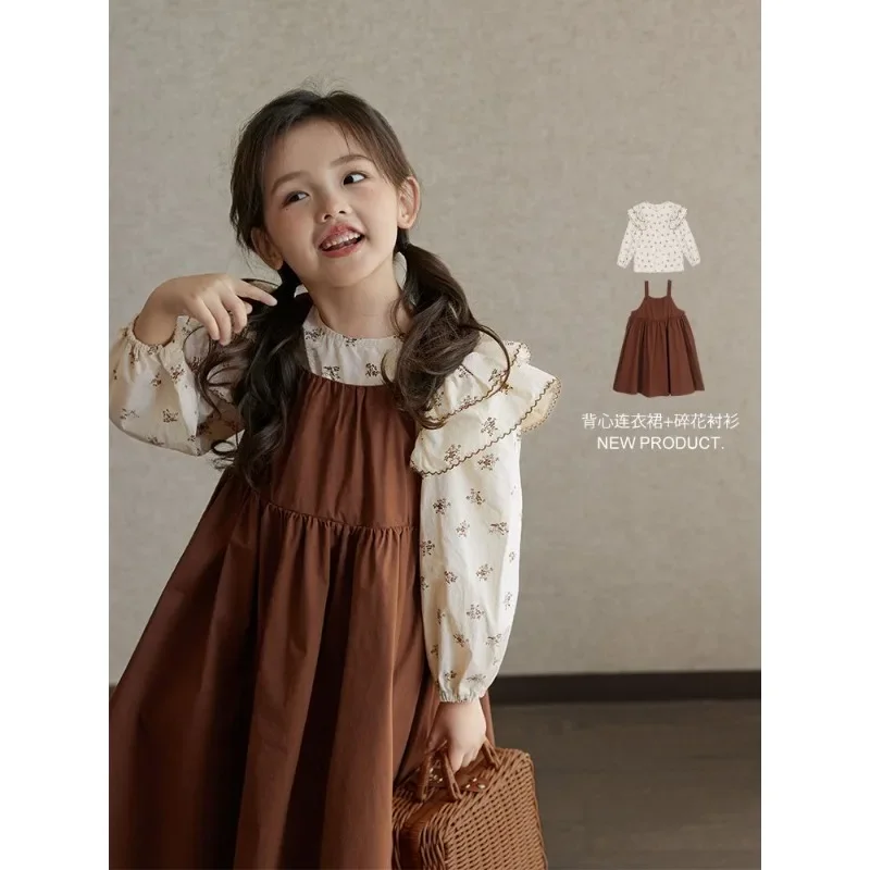 Girls Dress Set 2023 Spring Autumn New Fashionable Floral Shirt and Retro Strap Dress Princess Sweet Casual Two Piece Set