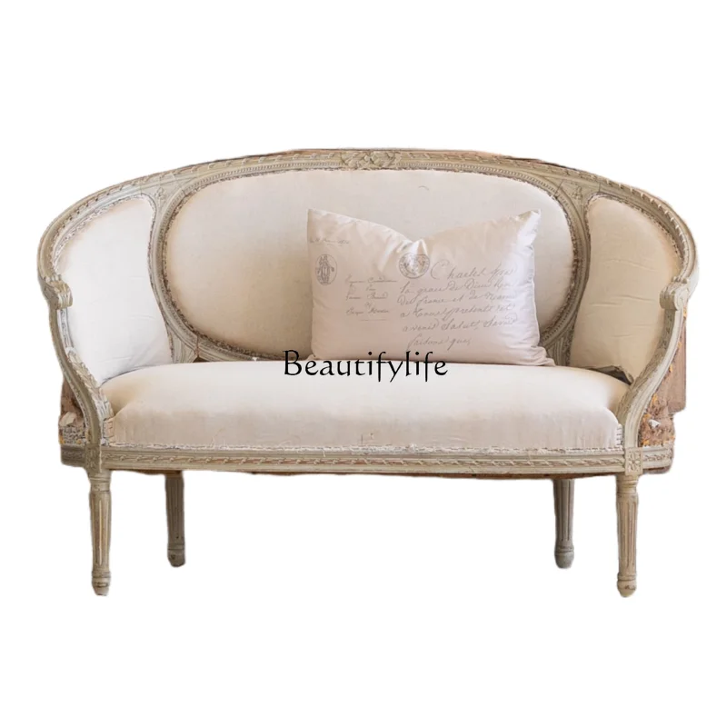 

French retro old solid wood double sofa chair European leisure chair fabric soft bag