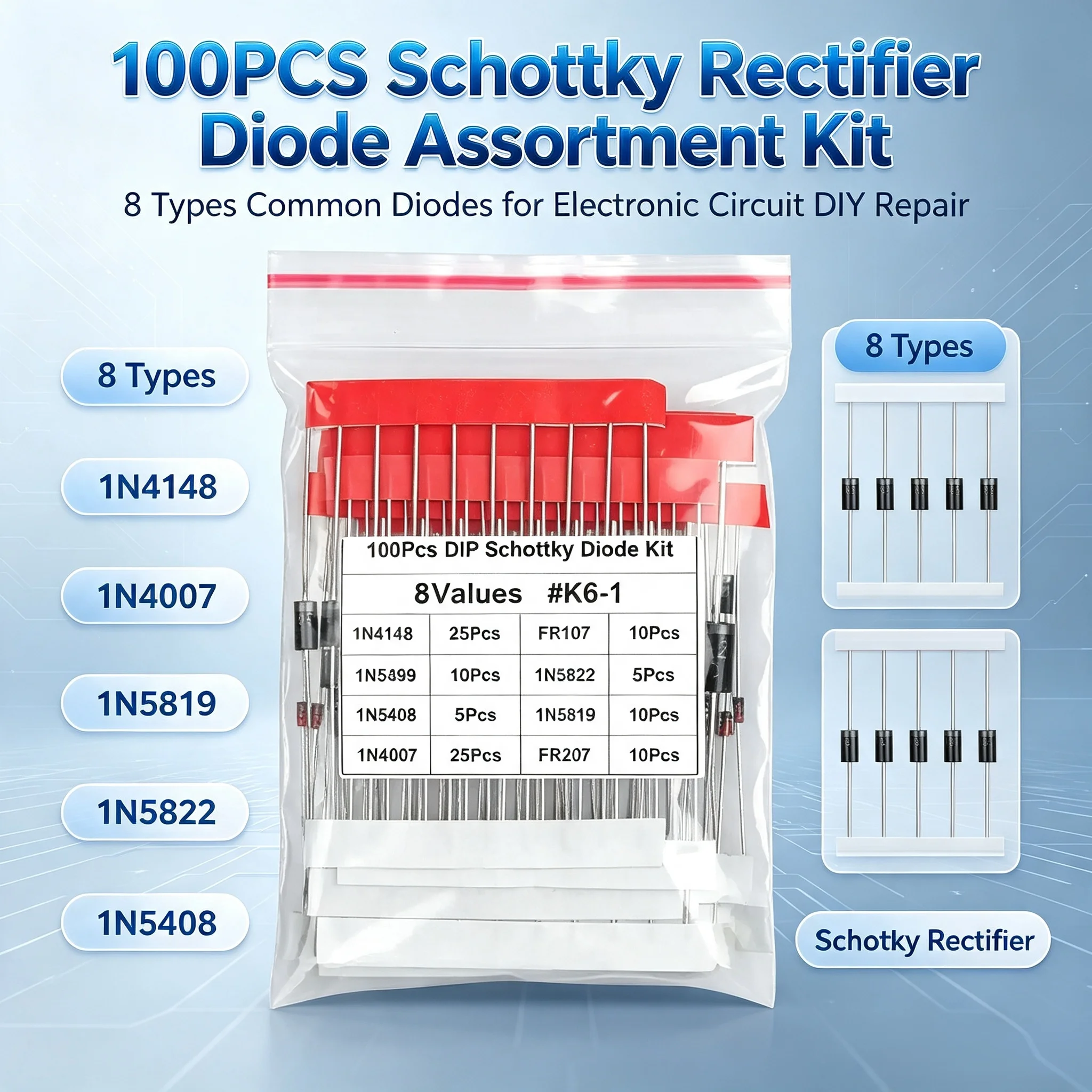 100Pcs Common Diode Assortment Kit 8 Types Including 1N4148 1N4007 1N5819 1N5822 1N5408 Rectifier Schottky Diodes For Electronic