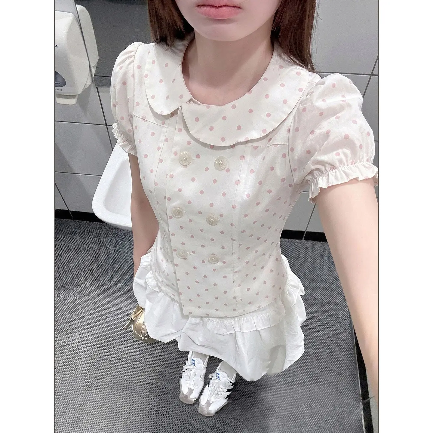 Kimotimo French Sweet Apricot Doll Collar Polka Dot Puff Sleeve Short Sleeve Shirt Women Summer Design Age-Reducing Gentle Top