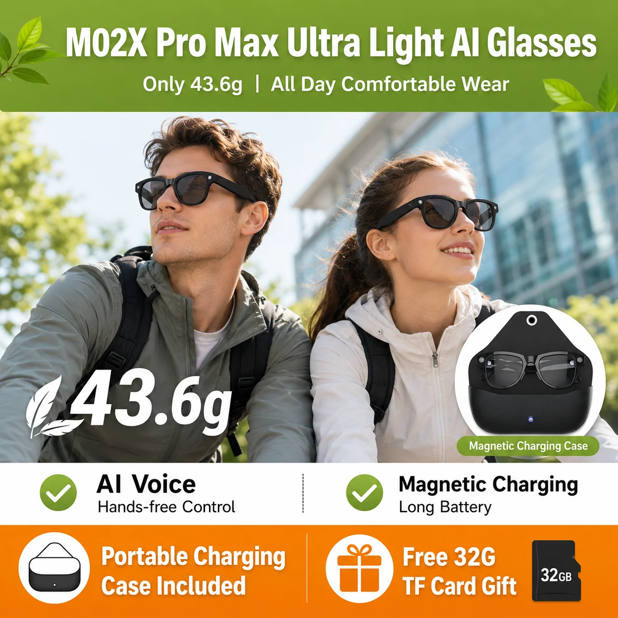 M02X Pro Max Ultra Light Smart Camera Glasses 43.6g AI Voice Assistant EIS Stabilized Video Magnetic Charging Outdoor Sports