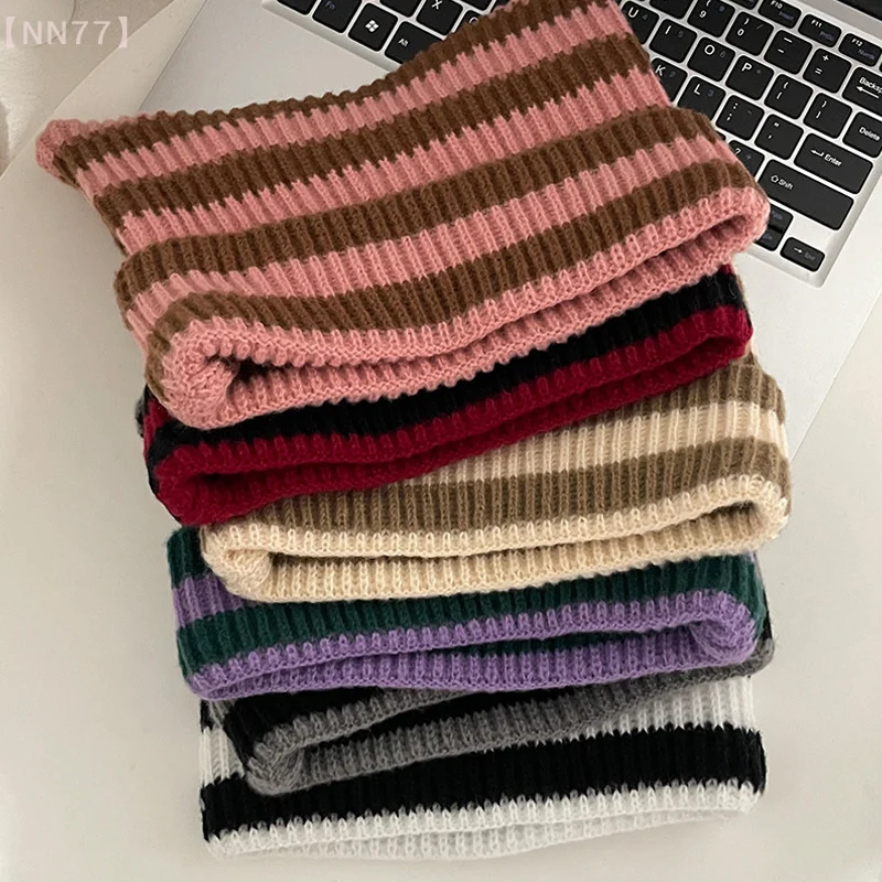 Japanese Y2K Cute Black White Striped Cat Ears Wool Hat Women Autumn Winter Warm Knitted Beanie Hat For Men And Women