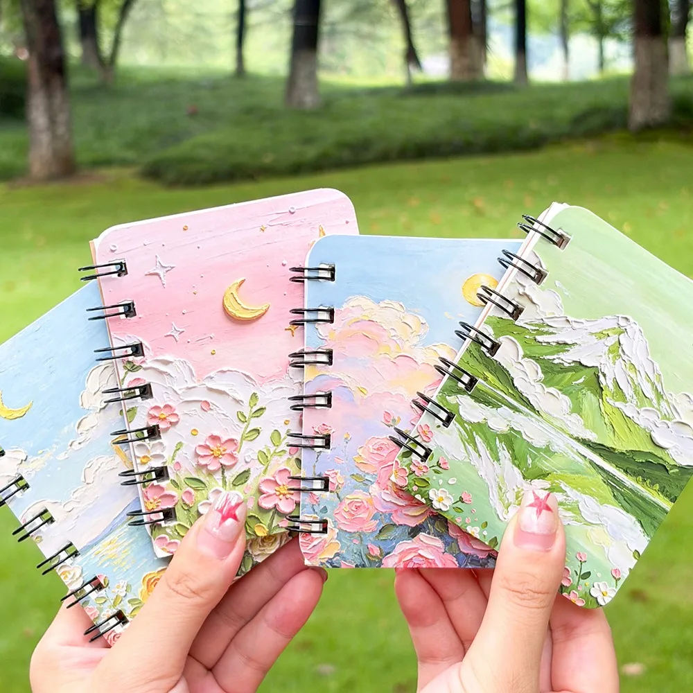 Cartoon Oil Style A7 Spiral Notebook Mini Blank Pocket Memo Pad Portable Student Stationery Gift 4 Colors