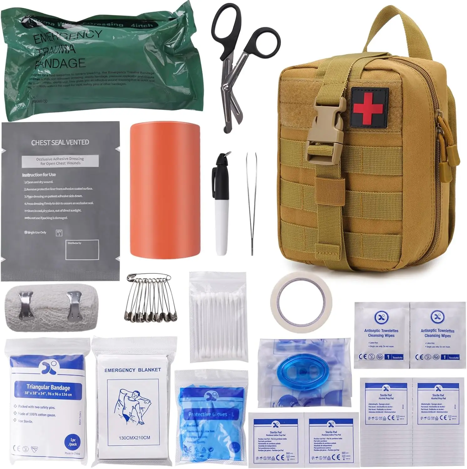 

Tactical First Aid Kit with Molle Pouch, Chest Seal, Israeli Bandage for Emergency Survival in Car Travel Hiking Camping