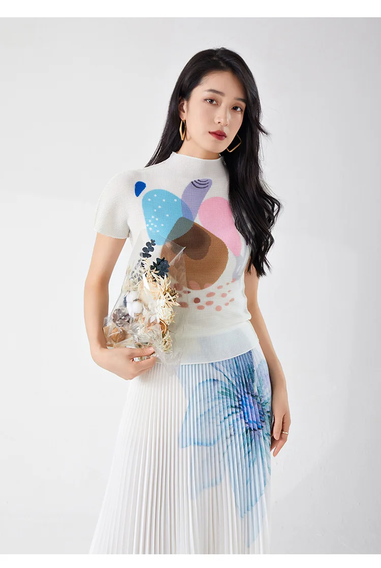 

Женская футболка Miyake с коротким рукавом, облегающая, эластичная, с принтом, универсальный топ премиум-класса