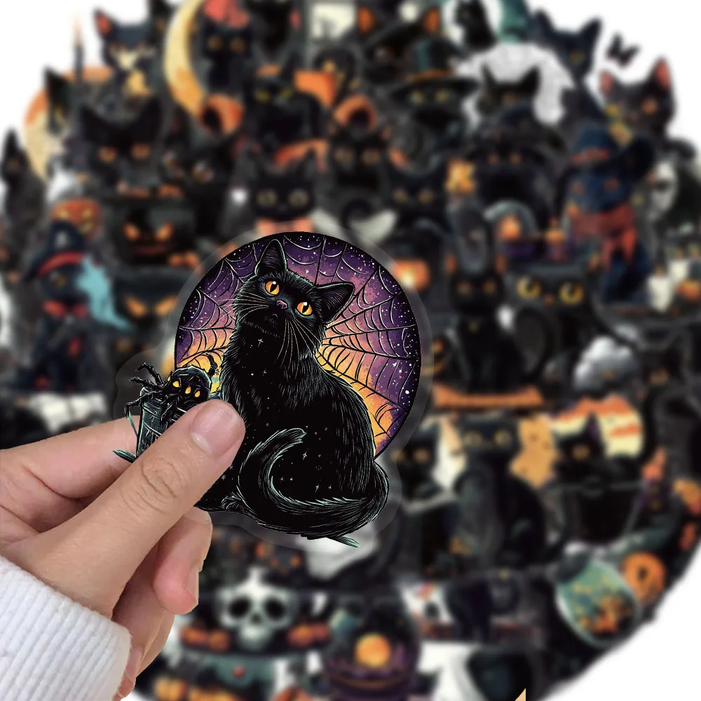50PCS Creative Halloween Black Cat PET Transparent Material Stickers, Account Decoration, DIY Phone Case, Water Cup Stickers