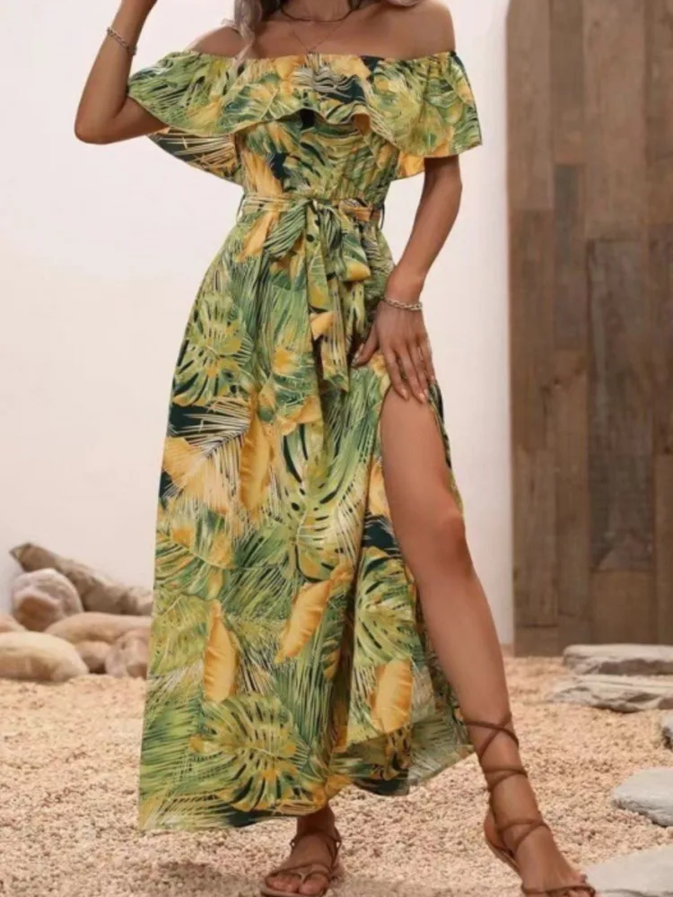 Abito estivo con stampa floreale alla moda Lady Casual Slash Neck Vita alta Abiti larghi con lacci per le donne Boho Beach Holiday Gonna Nuovo