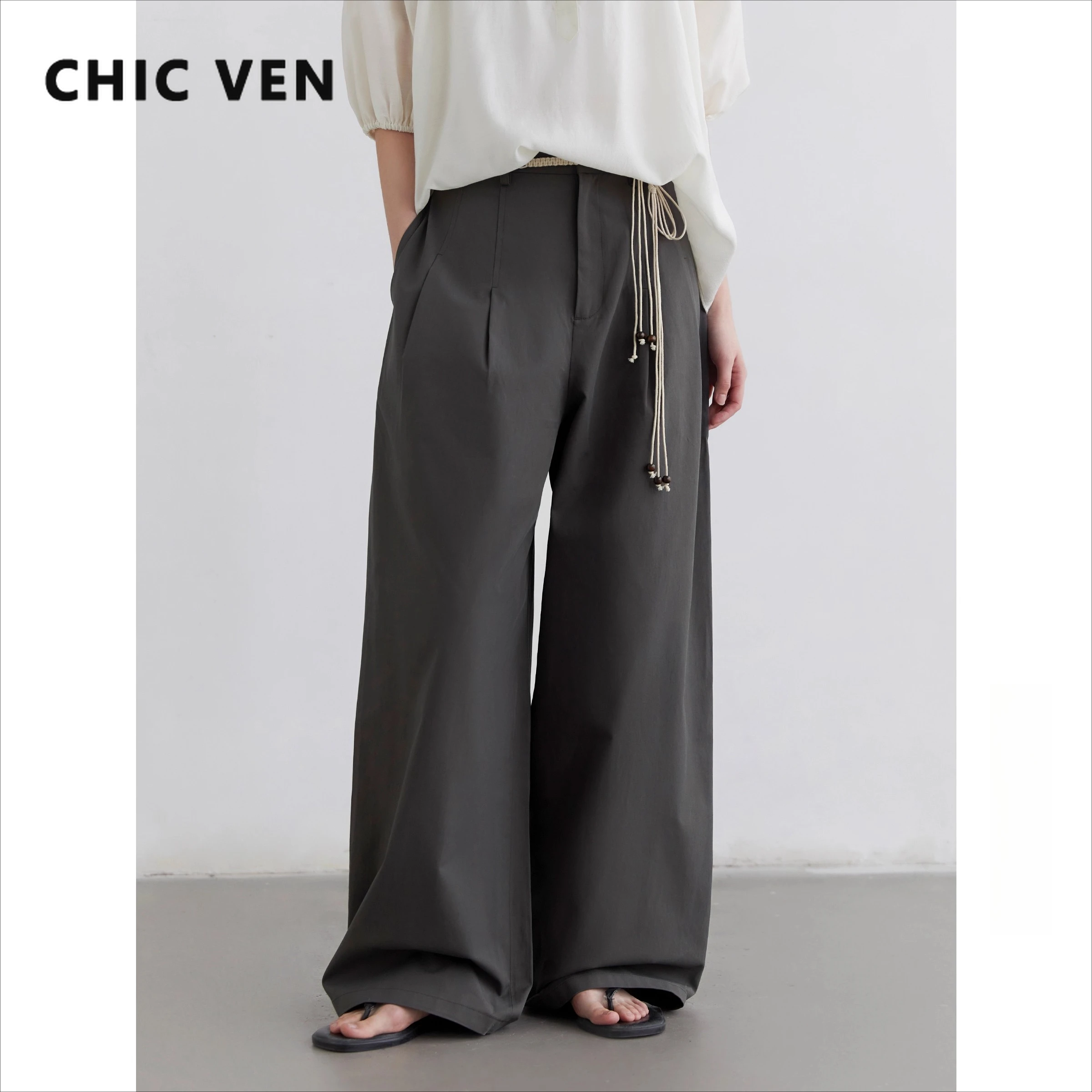 

Женские брюки CHIC VEN, однотонные свободные повседневные новые широкие свободные брюки с высокой талией, офисные женские брюки, весна-осень 2025