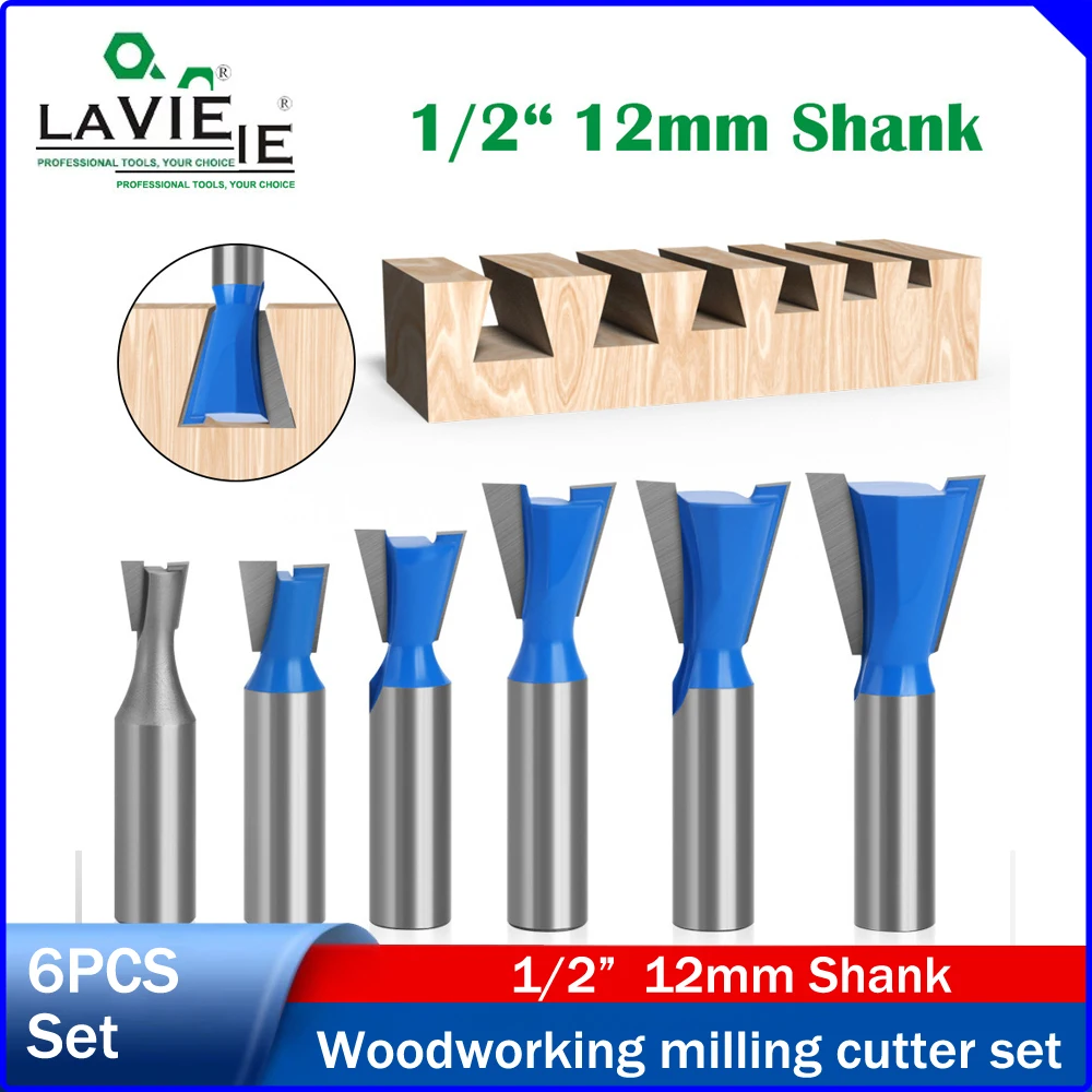 LAVIE 6.35/12/12.7mm Shank Dovetail Cutter,Blue & Natural Finish,Box Joint Router Bit, for Trimmer,Honeycomb Finger Joint