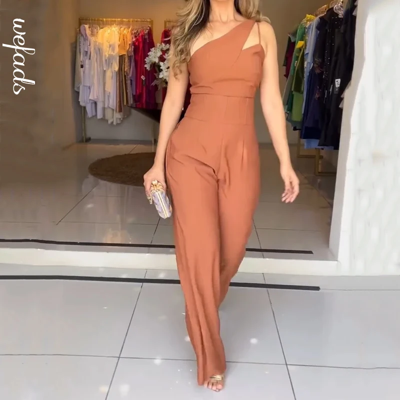 Wefads Jumpsuit Women Casual Simple One Shoulder Hollow Out Sleeveless Solid Nipped Waist Loose Pantse Romper Streetwear