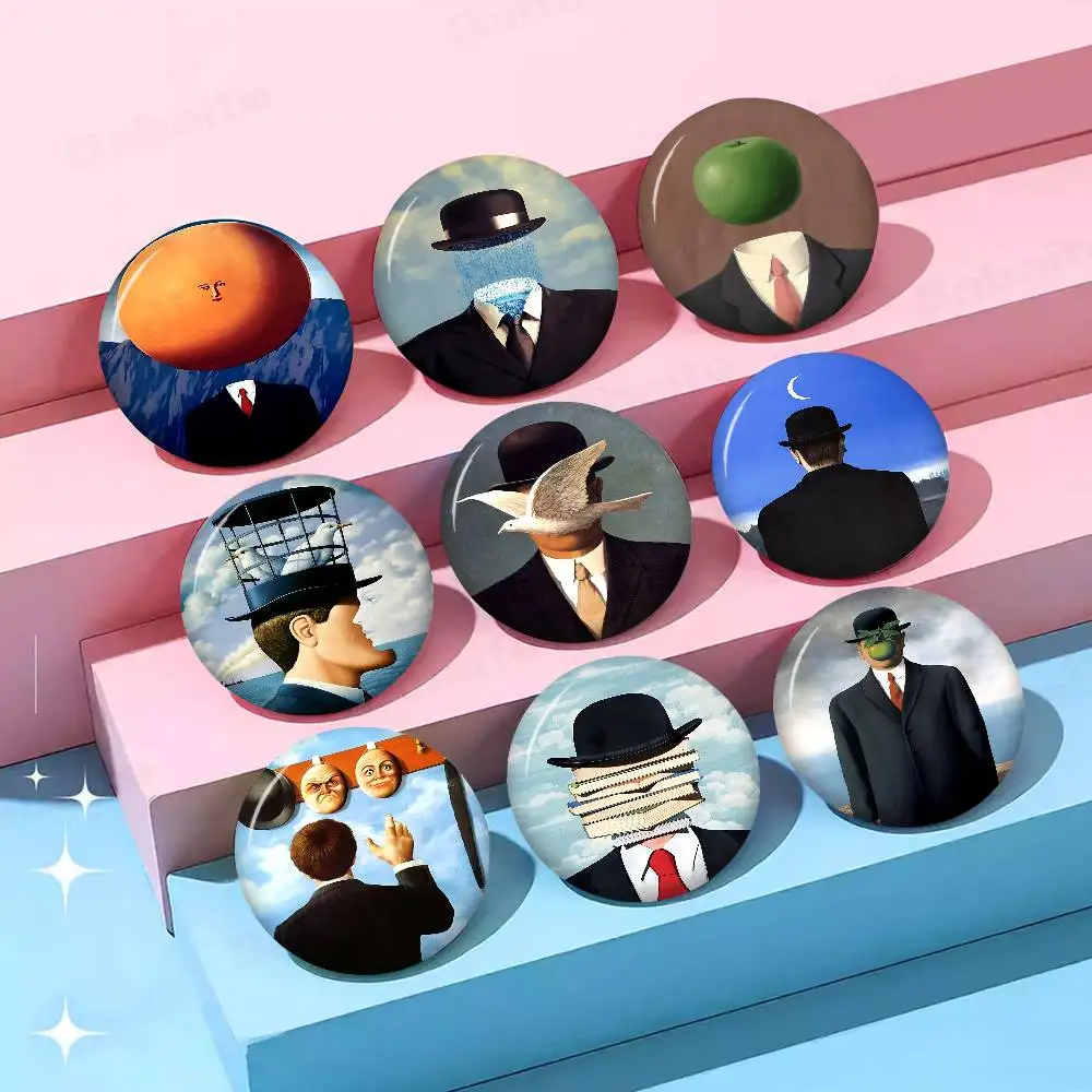 Broche artisanale en toile abstraite style René Magritte, motif anime, pour vêtements, badge de dessin animé, décoration de sac à dos, bijou